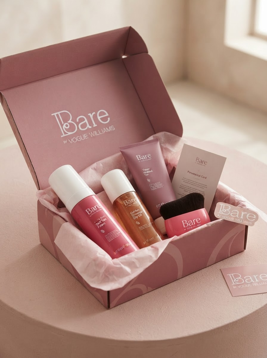 Bare by Vogue pink seeding box with tanning products and a personalised card