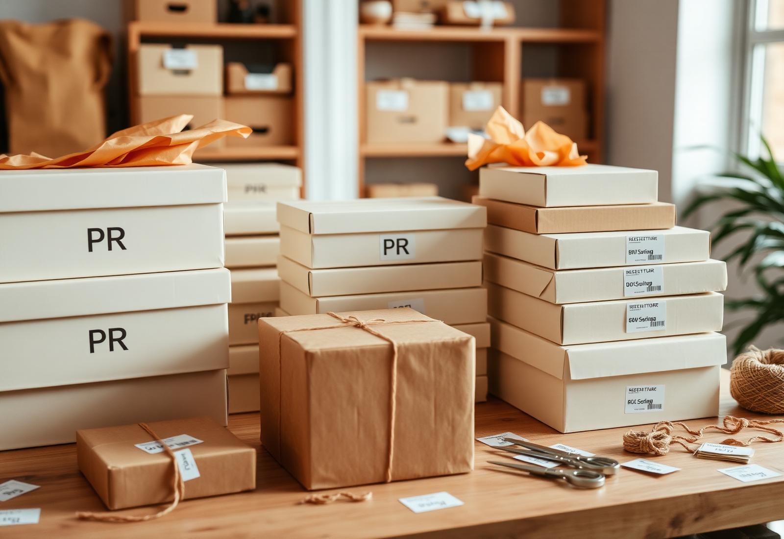 A flat lay of branded PR boxes, tissue paper and ribbon being prepared for dispatch