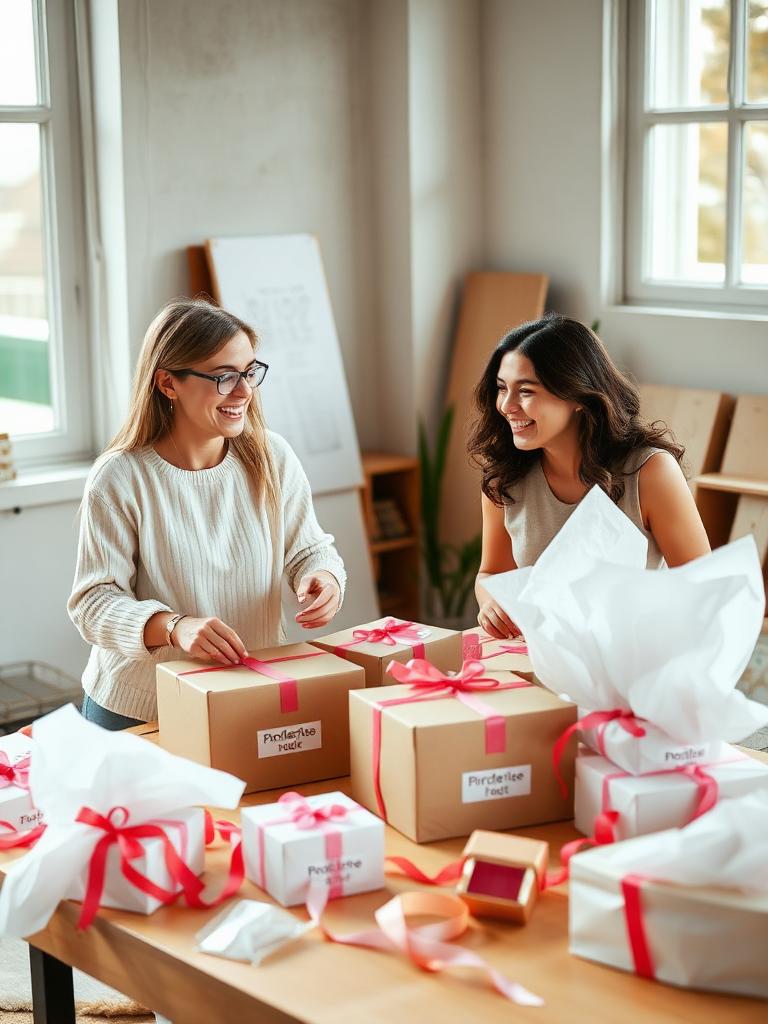 Two members of the seedings team laughing as they pack branded PR boxes at a long studio table