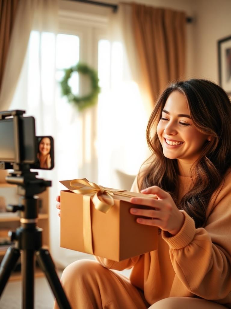 A creator smiling as she films herself opening a seedings PR box at home
